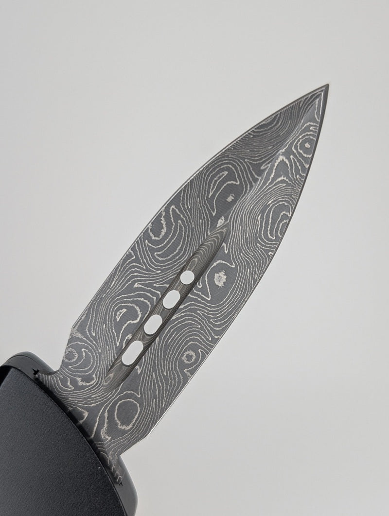 *Consignment* Microtech Troodon Mini D/E Damascus Signature Series Aluminum w/ Ringed Hardware Out the Front Knife