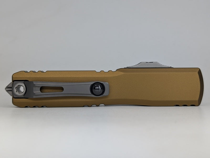 Microtech Ultratech Gen IV Tan Double Edge Partial Serrated Stonewash Out the Front Knife