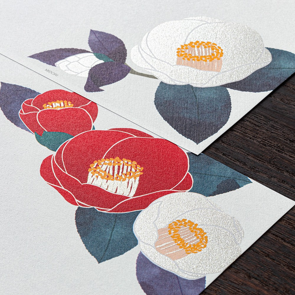 Midori Letter Pad 153 Silk-Printing Red and White Camellia S2