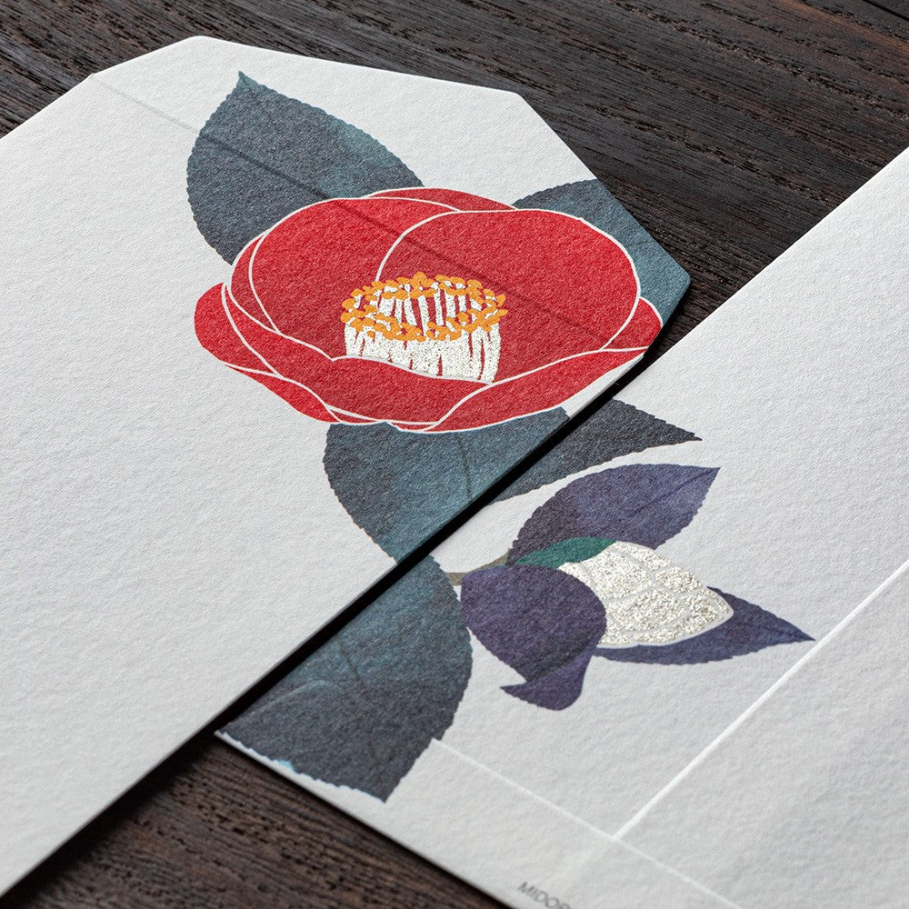 Midori Envelope 154 Silk-Printing Red and White Camellia S2
