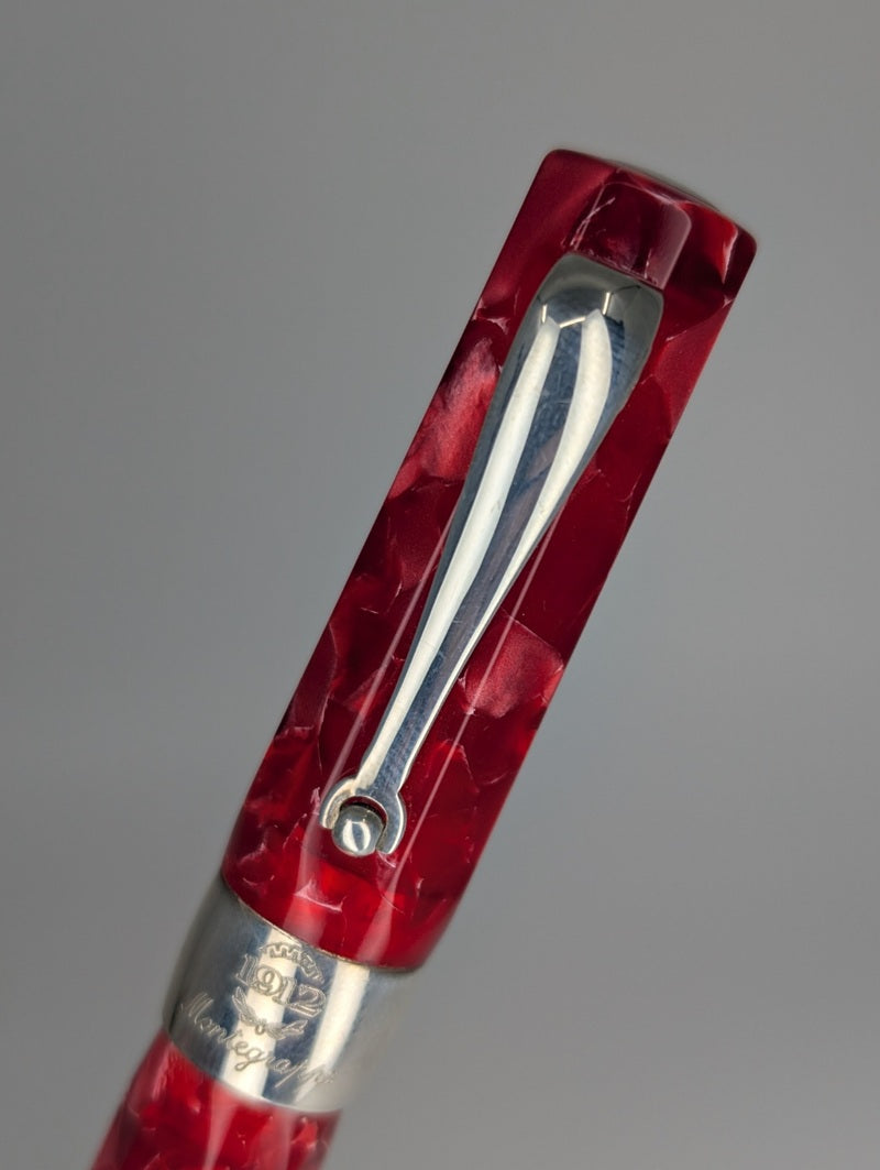 *Consignment* Montegrappa 1912 Red Harmony Cracked Ice Sterling Silver Trim Fountain Pen 18k Gold Stub Nib