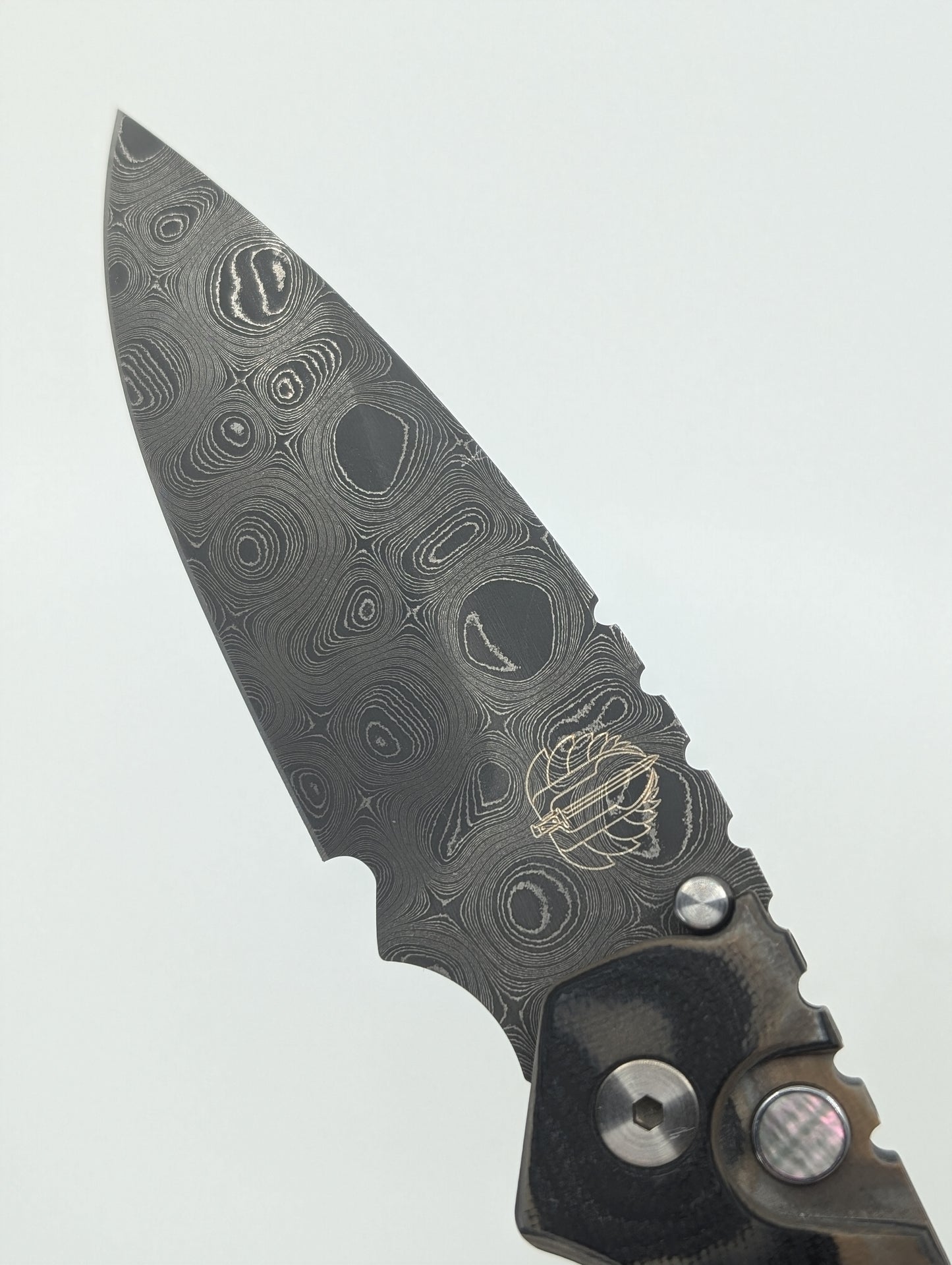 Protech Strider SnG Camo G10 Pearl Button "Virus" Stainless Damascus Auto Folding Knife 17 of 50