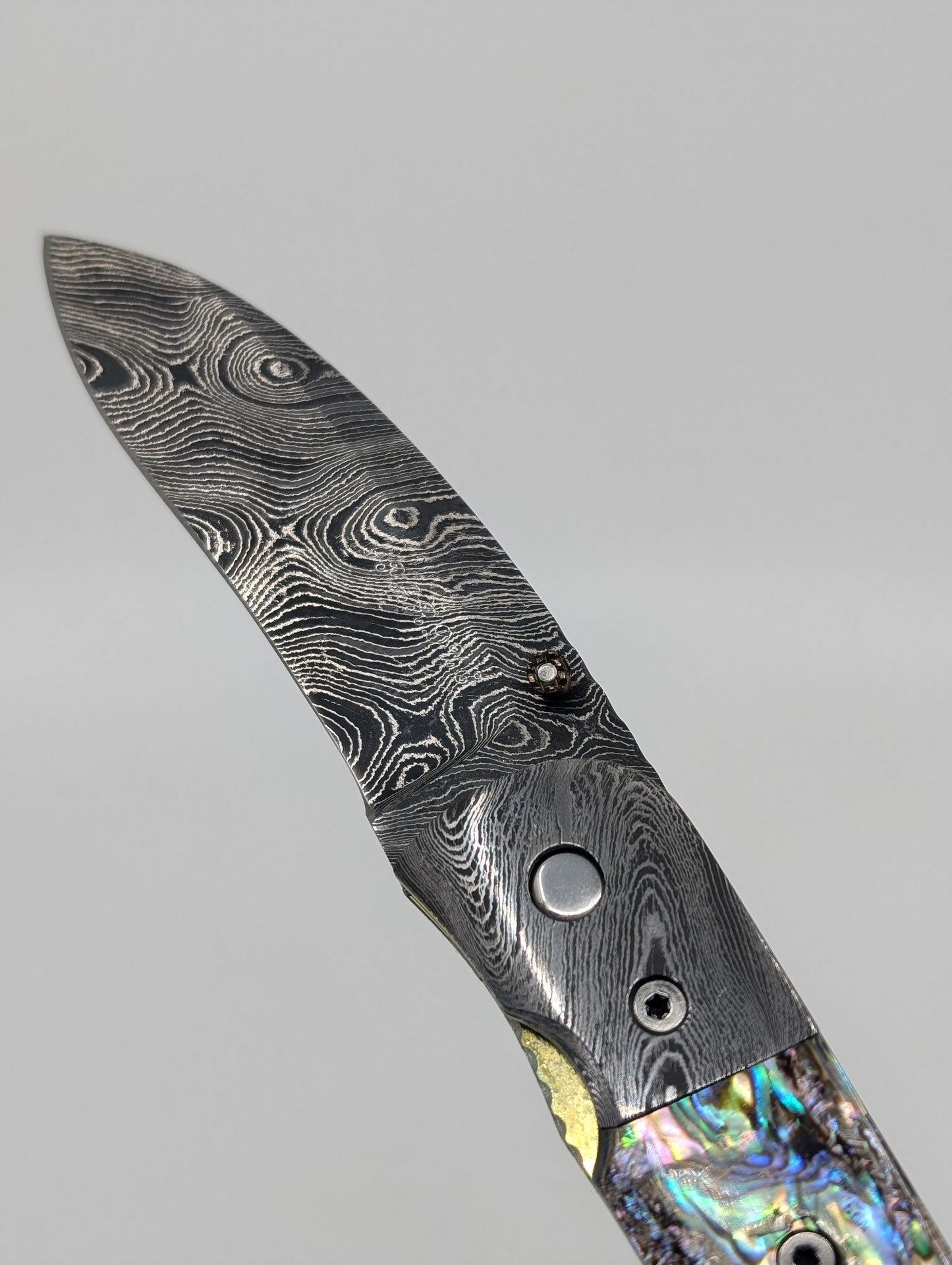 Joe Pardue Custom Damascus and Abalone Liner Lock Folding Knife
