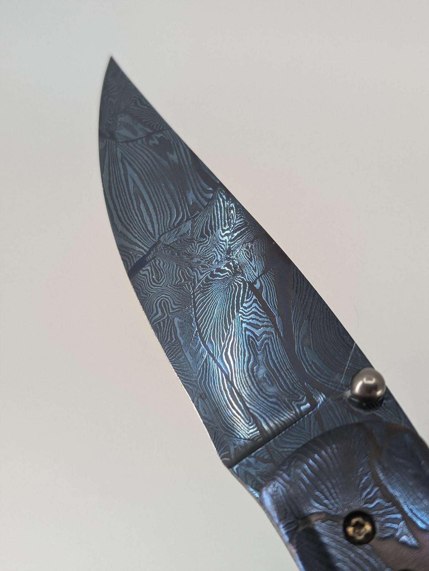 Caffrey Master Smith Custom Fossil Blue Damascus Blade and Handle Linerlock Folding Knife