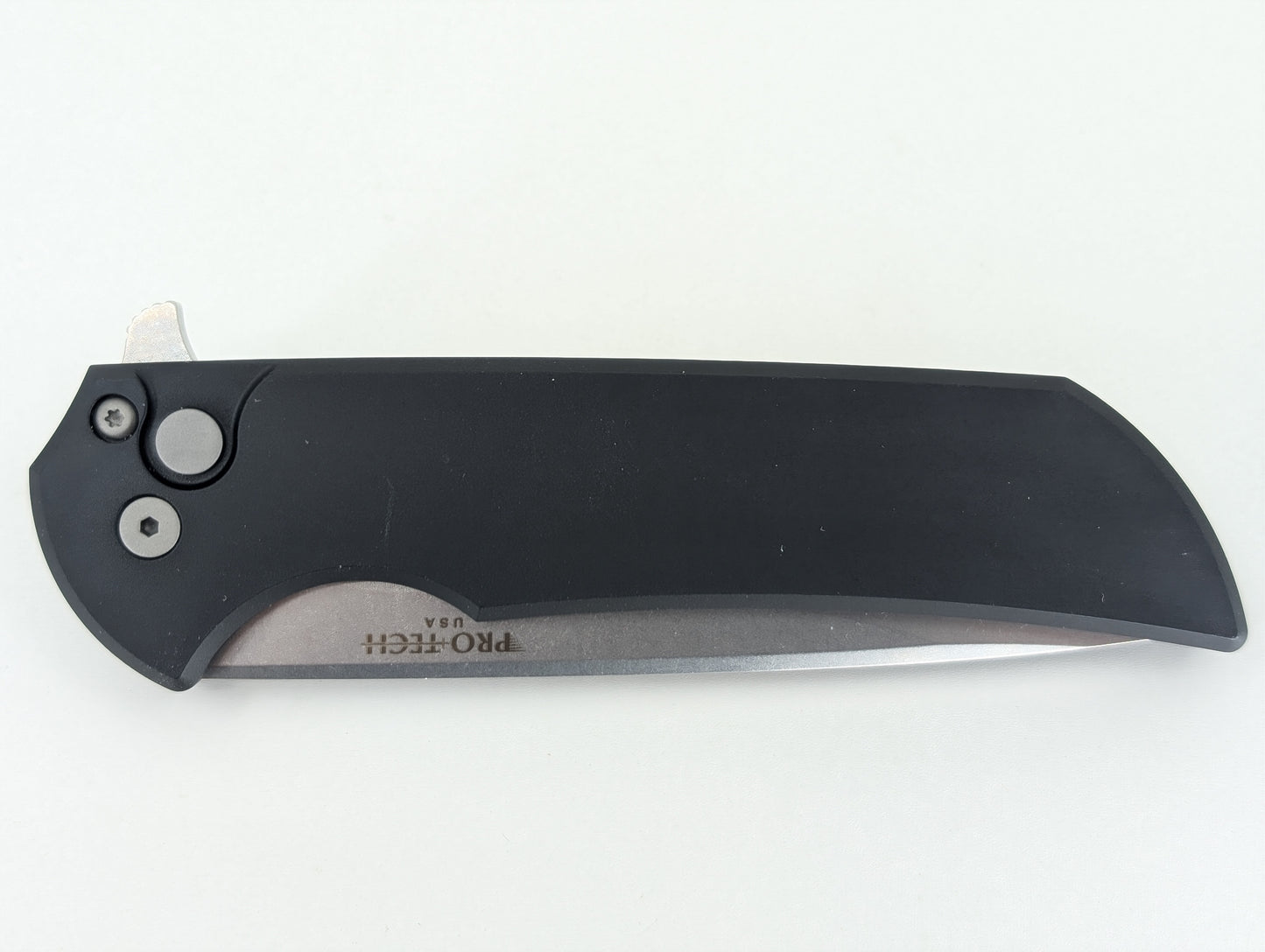 Protech Mordax Solid Black Stonewash Magnacut Button Lock Folding Knife