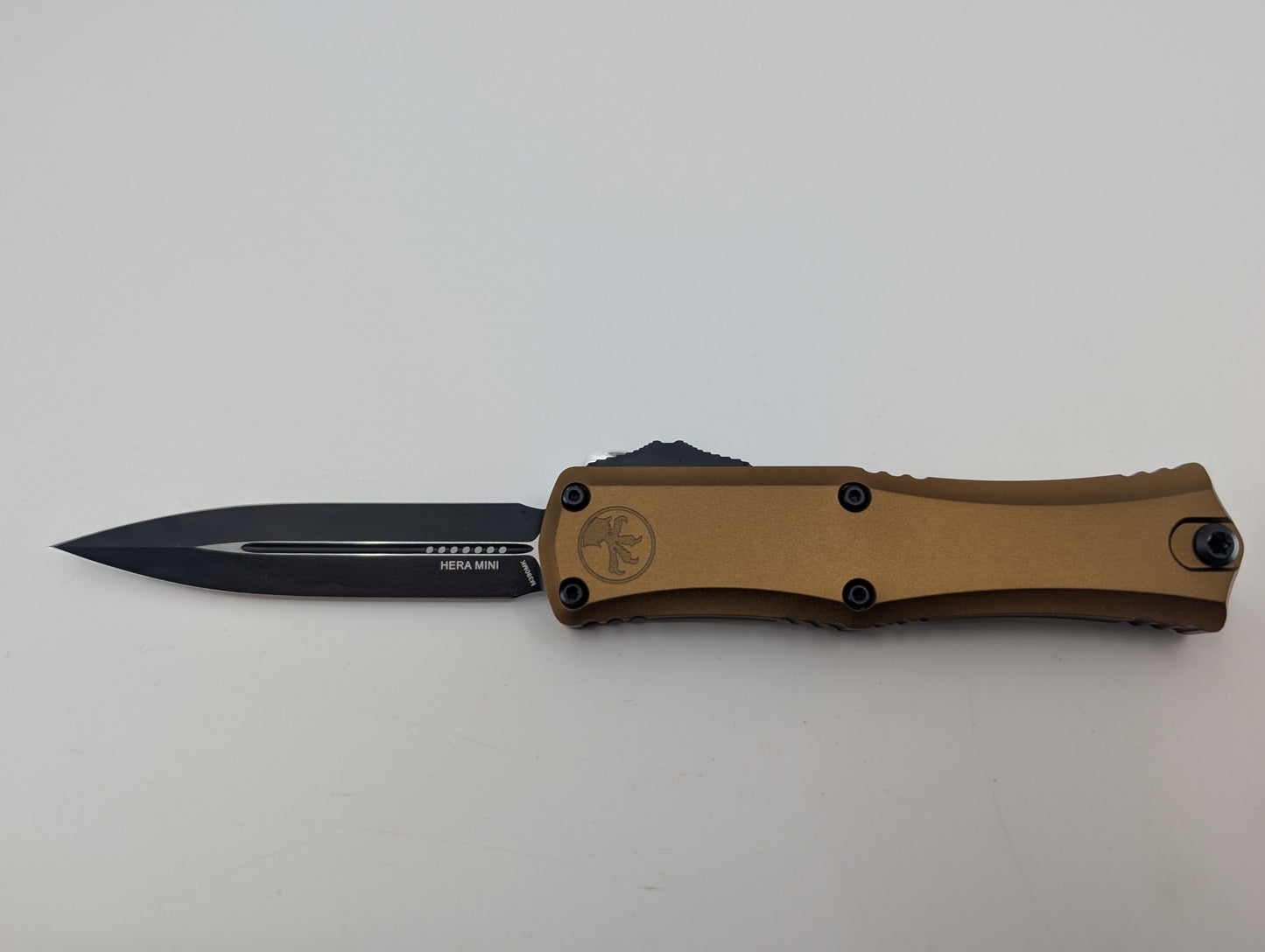 Microtech Hera II Mini D/E Tan w/ Black Hardware Tactical Out the Front Knife