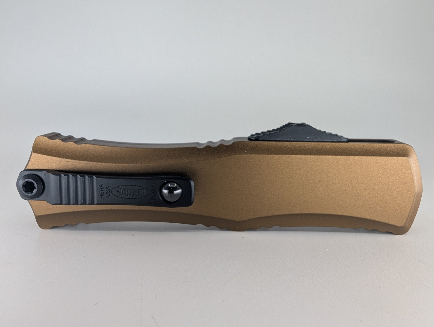Microtech Hera II Mini D/E Tan w/ Black Hardware Tactical Out the Front Knife