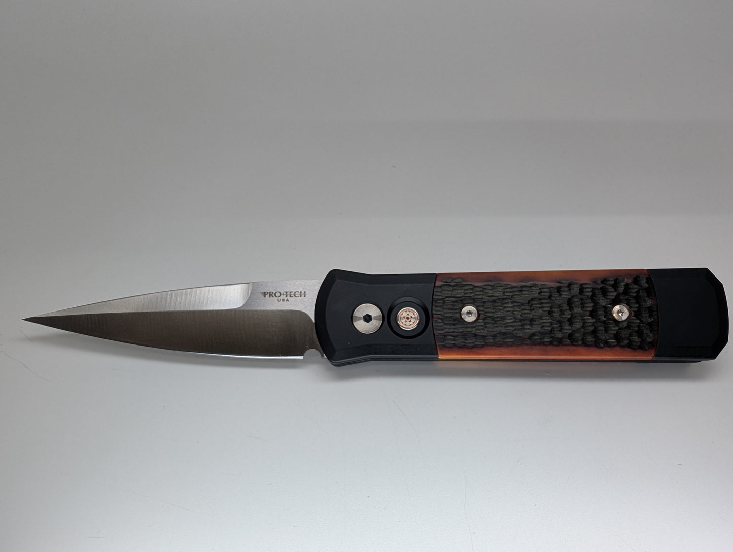Protech Godson Custom Jigged Bone Inlay Mosaic Buttonlock Auto Folding Knife