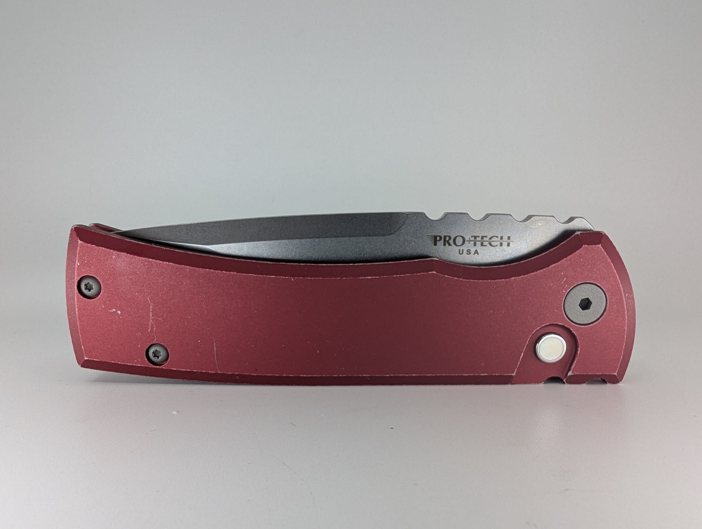 Protech Chaves Knives Collab "Redencion" Battleworn Red Stonewash S35-VN Pearl Button Auto Folder