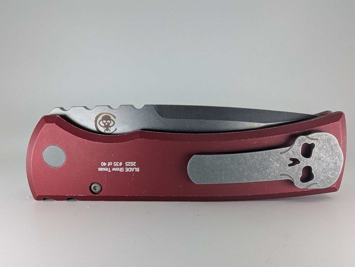 Protech Chaves Knives Collab "Redencion" Battleworn Red Stonewash S35-VN Pearl Button Auto Folder