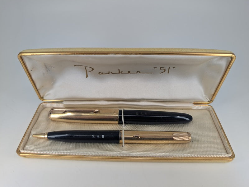 *Consignment* Parker "51" Fountain Pen / Mechanical Pencil Set Engraved "S.A.B"