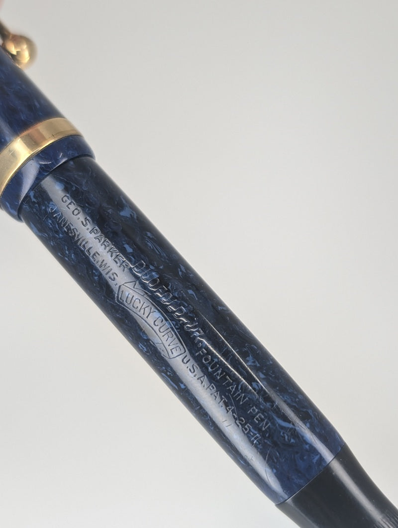 *Consignment* Vintage 1927 Parker Duofold JR "Lucky Curve" Blue Marble Fountain Pen 14k Gold Medium Nib