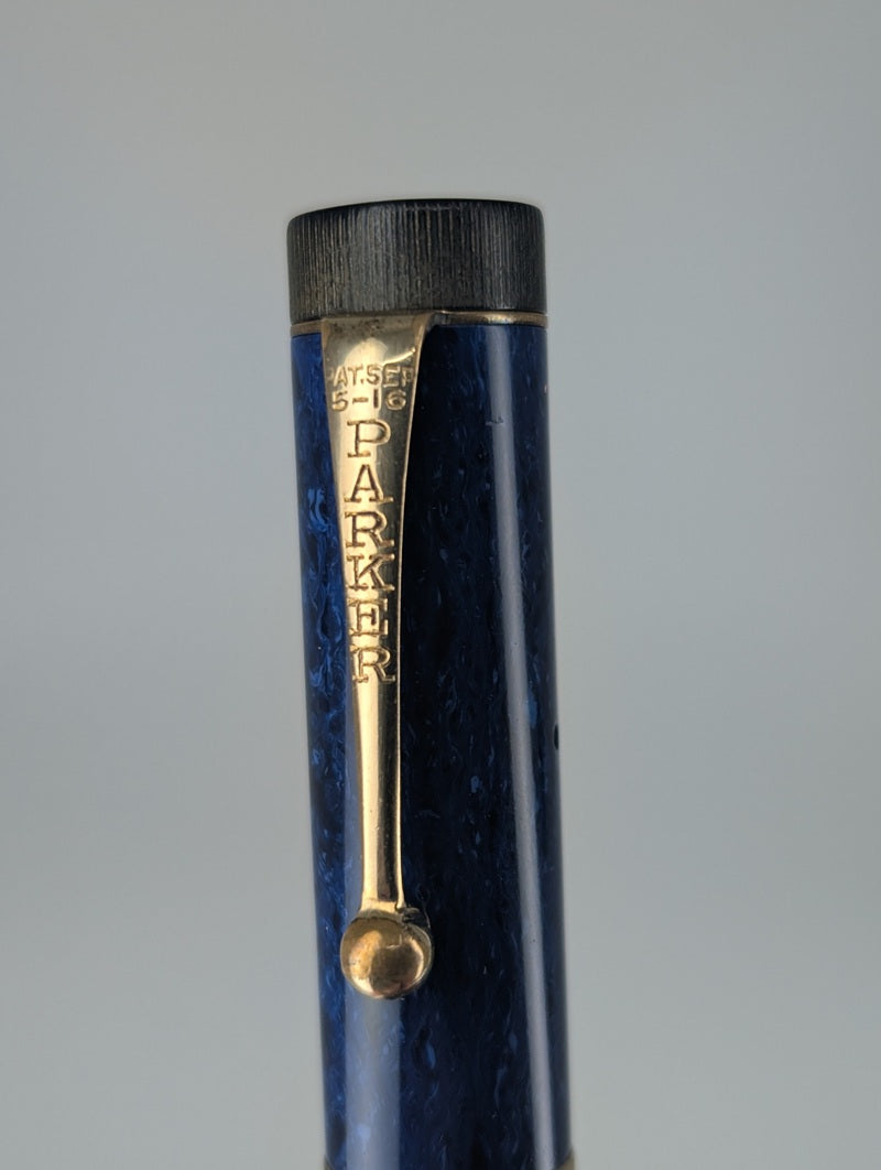 *Consignment* Vintage 1927 Parker Duofold JR "Lucky Curve" Blue Marble Fountain Pen 14k Gold Medium Nib