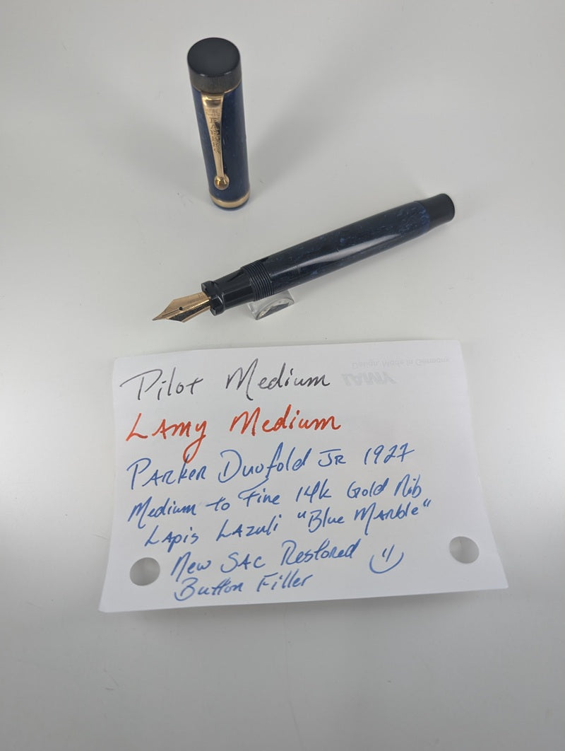 *Consignment* Vintage 1927 Parker Duofold JR "Lucky Curve" Blue Marble Fountain Pen 14k Gold Medium Nib