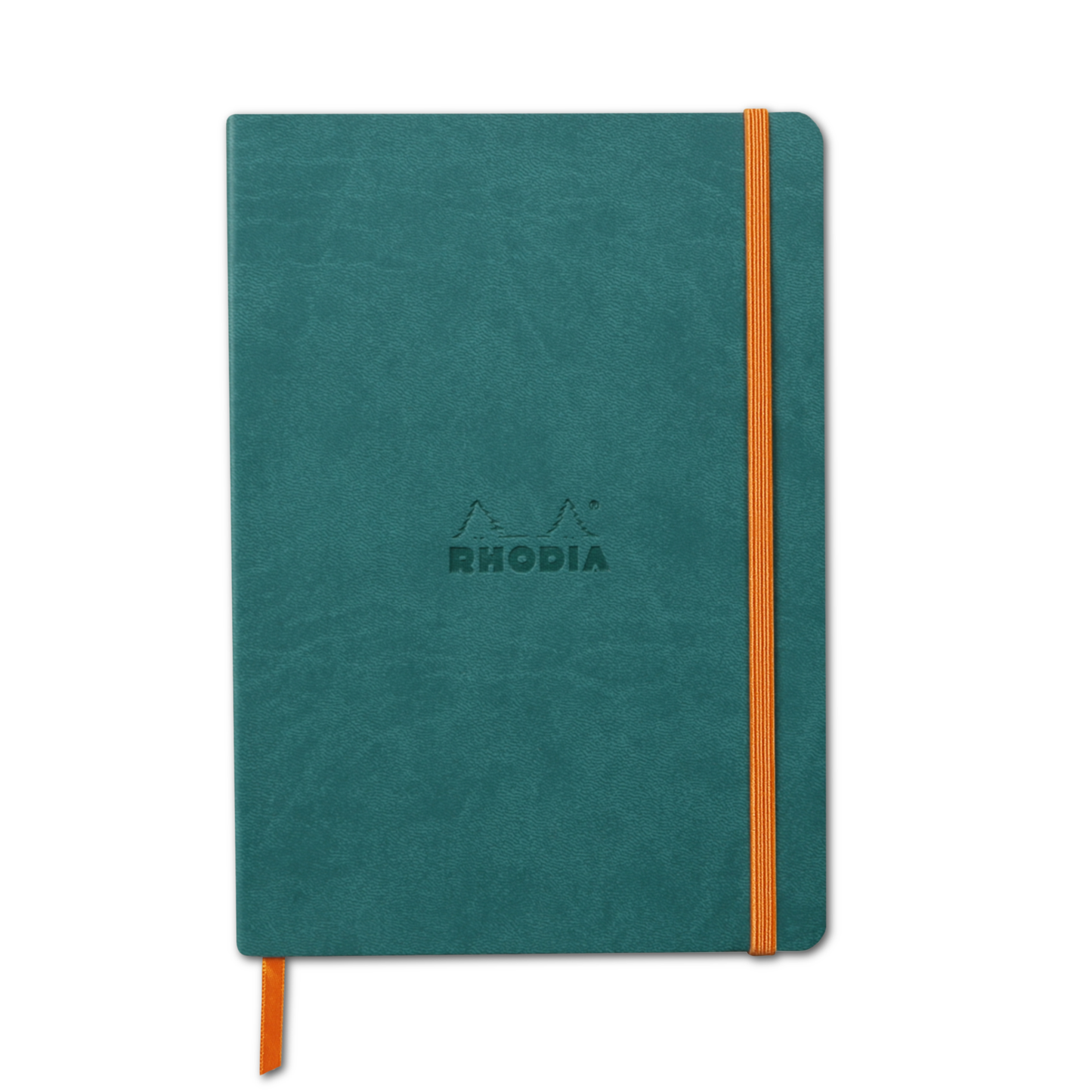 Peacock Rhodiarama notebook with orange strap on a white background