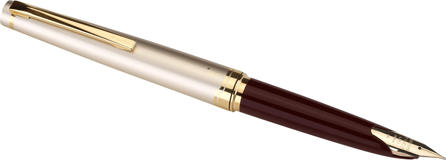 Pilot E95S Burgundy and Evory Fountain pen with gold accents on a white background