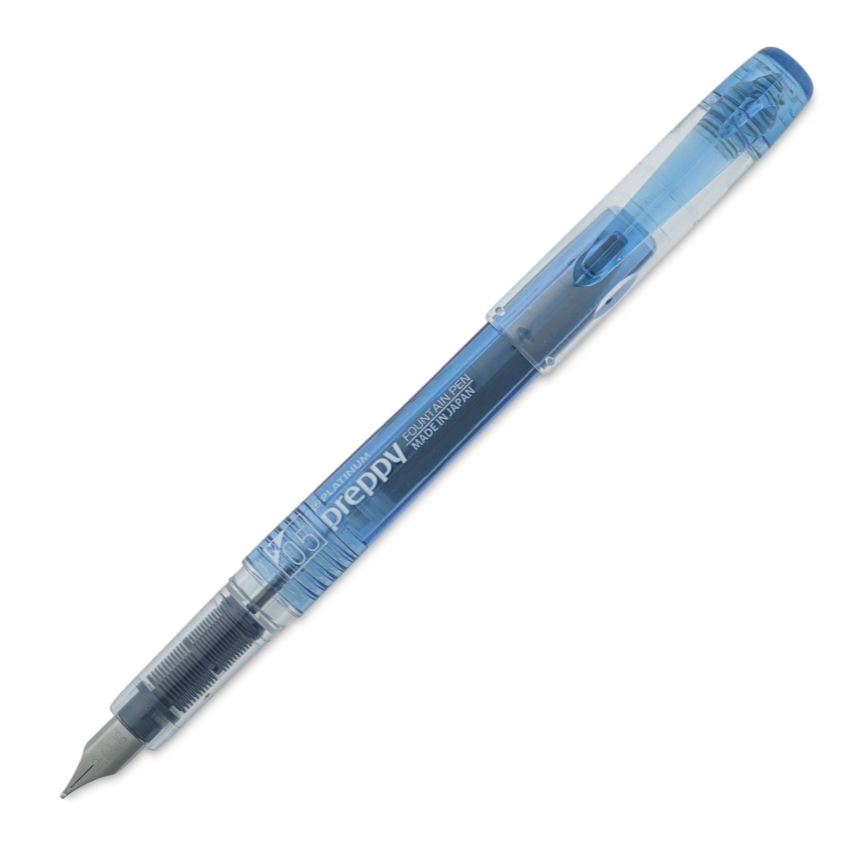 A blue Platinum Blue fountain pen is shown diagonally on a plain white background.