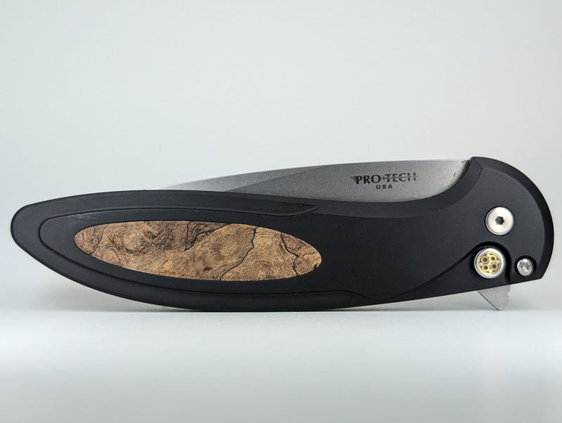 Protech Cambria 2 Maple Burl Magnacut Buttonlock Folding Knife Blade Show West 2025