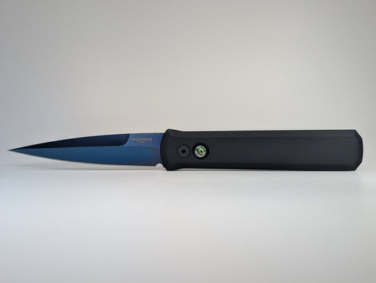 *Consignment* Protech Godfather Black / Abalone Button / Sapphire Blue Blade Auto Folding Knife