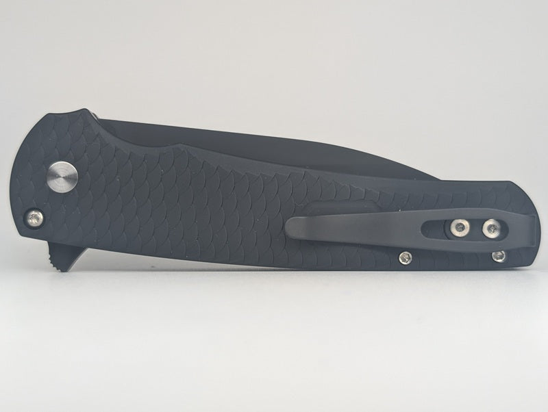 Protech Malibu Flipper Pearl Button Black Dragonscale Handle Black Magnacut Wharncliffe Blade