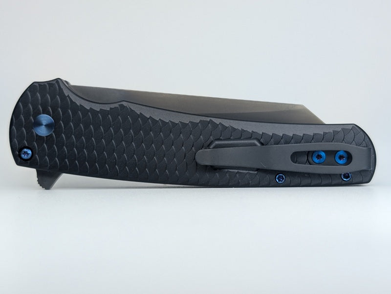 Protech Malibu Dragon Scale Black Sapphire Blue Hardware DLC Magnacut Button Lock Folding Knife