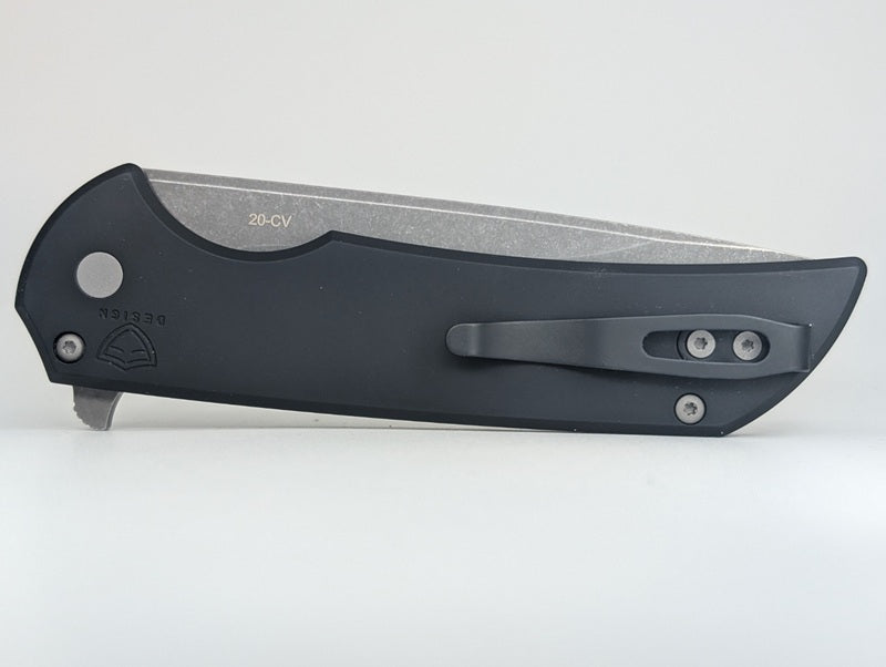 Protech Mordax Black Aluminum Acid Wash 20CV Button Lock Folding Knife