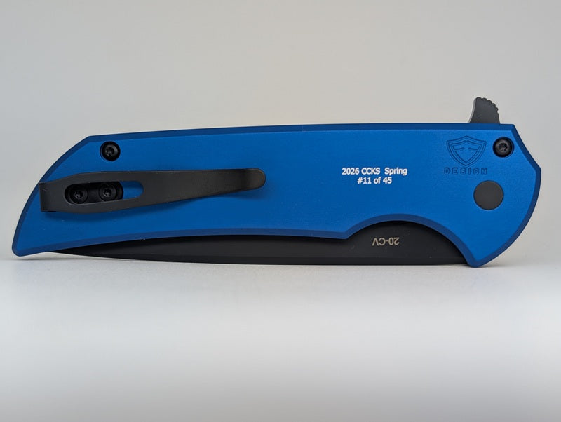 Protech Mordax CCKS Show Exclusive Blue Aluminum DLC 20CV w/ Pearl Button Folding Knife