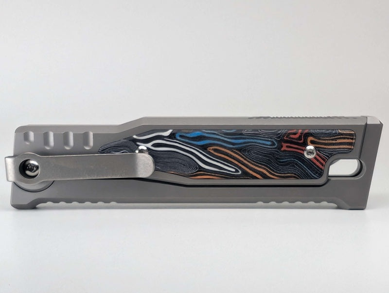 Reate EXO-M Damascus Red/White/Blue Handle Design Satin Drop Point Blade Gravity Knife