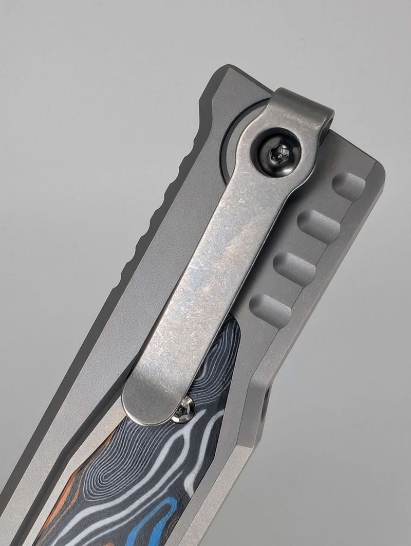 Reate EXO-M Damascus Red/White/Blue Handle Design Satin Drop Point Blade Gravity Knife