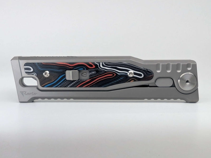 Reate EXO-M Damascus Red/White/Blue Handle Design Satin Drop Point Blade Gravity Knife