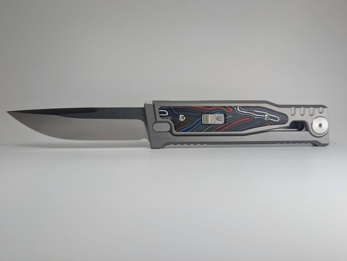 Reate EXO-M Damascus Red/White/Blue Handle Design Satin Drop Point Blade Gravity Knife