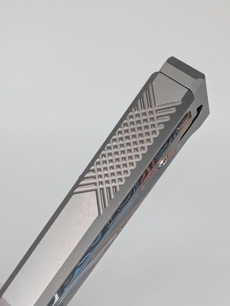 Reate EXO-M Damascus Red/White/Blue Handle Design Satin Drop Point Blade Gravity Knife
