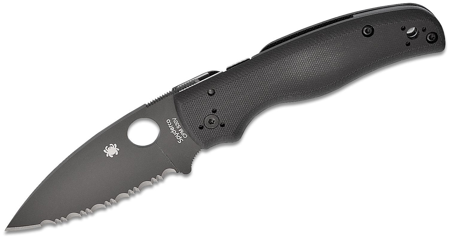 Spyderco Shaman Black Handle Serrated Stonewashed BackLinerlock Black Blade Folding Knife