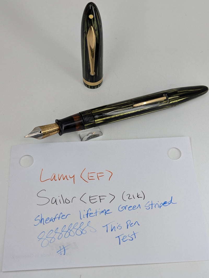 *Consignment* Sheaffer Lifetime Green Striped Fountain Pen Steel Extra Fine Nib