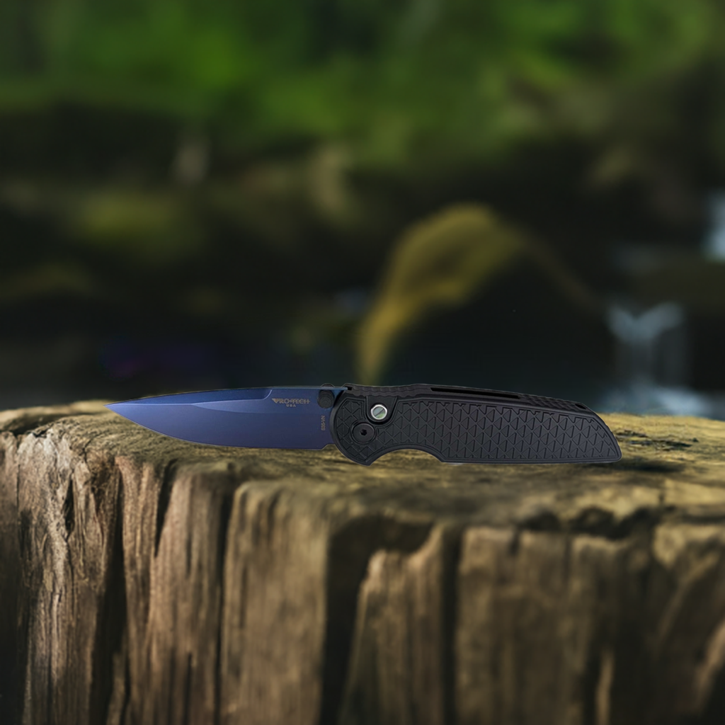 Protech TR-3 Integrity Black Relic w/ Sapphire Blue Blade Buttonlock Folding Knife
