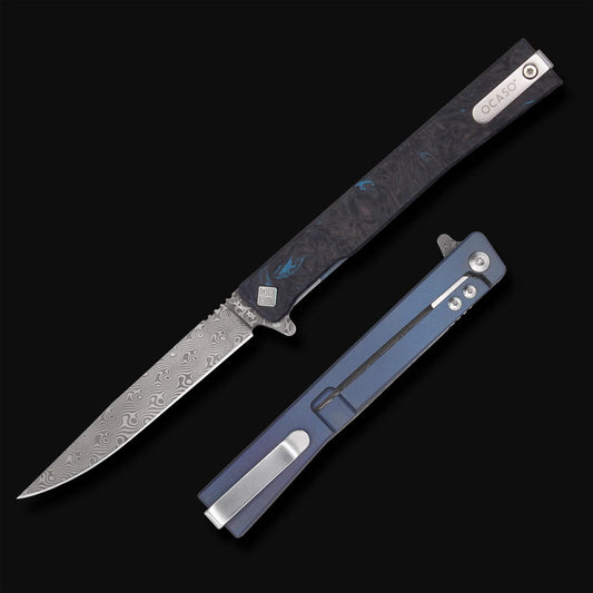 Ocaso Damascus Solstice Dark Matter Blue Framelock Folding Knife