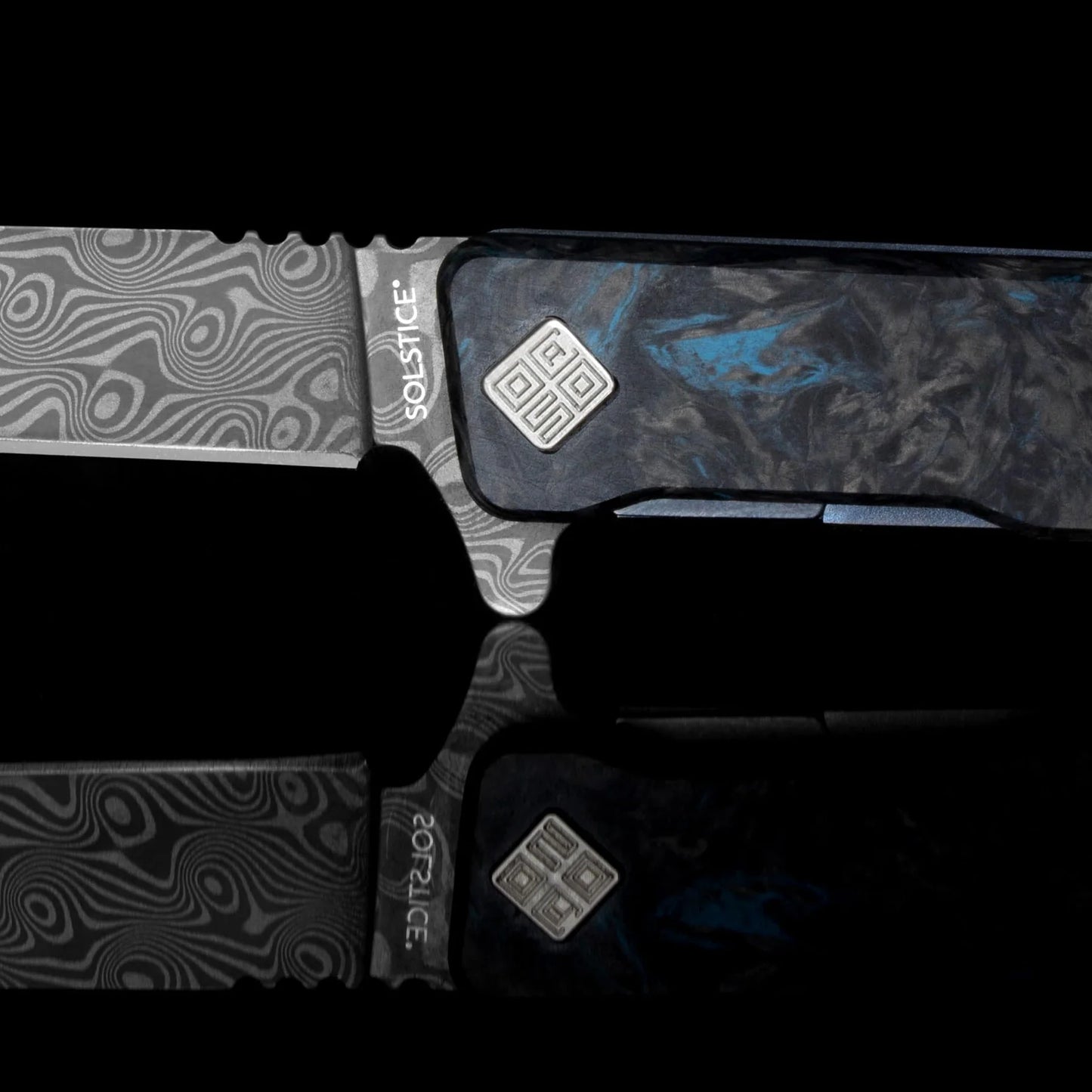 Ocaso Damascus Solstice Dark Matter Blue Framelock Folding Knife