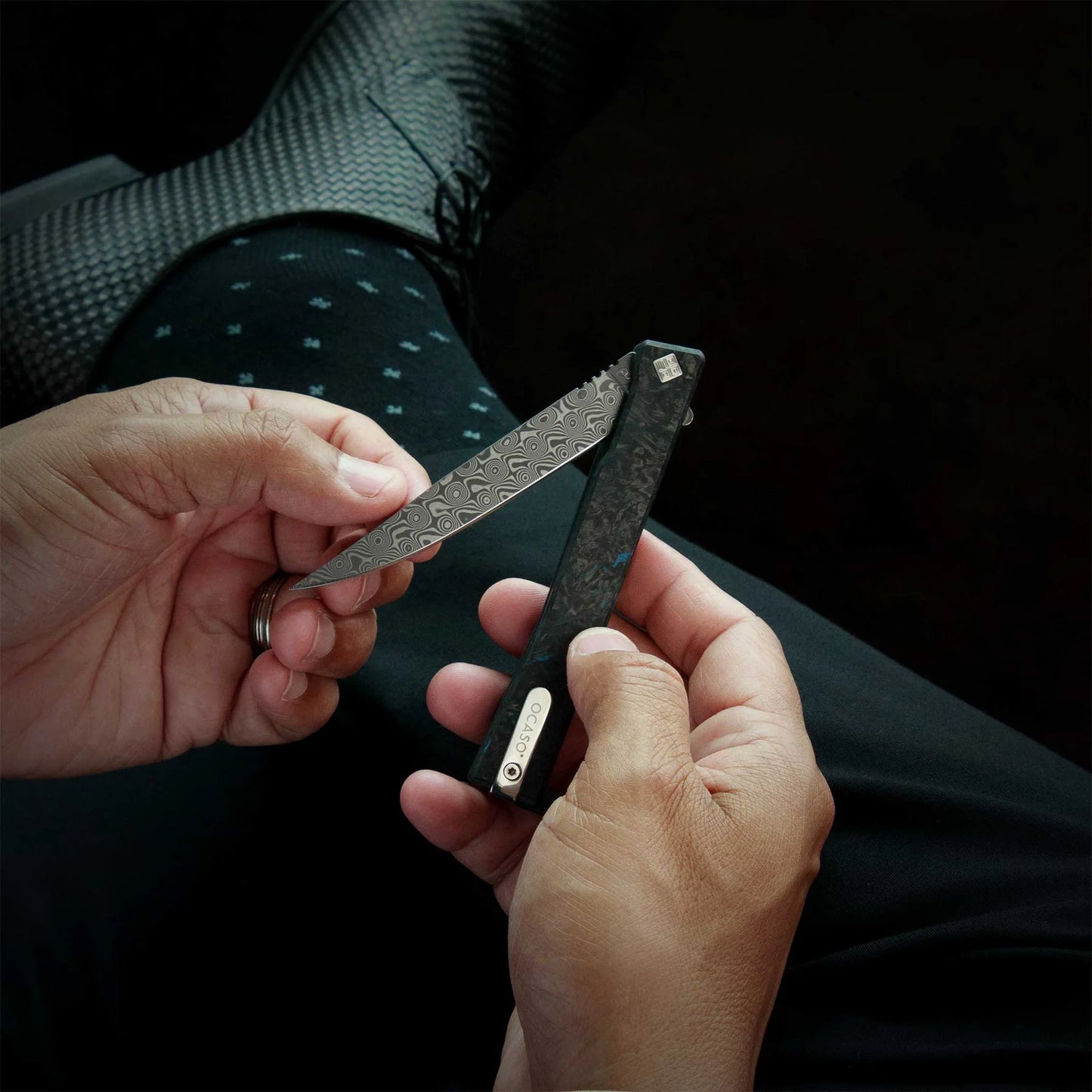 Ocaso Damascus Solstice Dark Matter Blue Framelock Folding Knife
