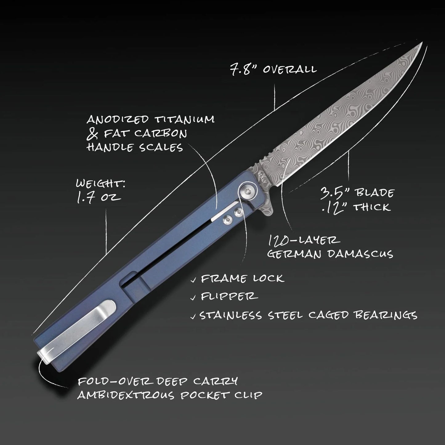Ocaso Damascus Solstice Dark Matter Blue Framelock Folding Knife