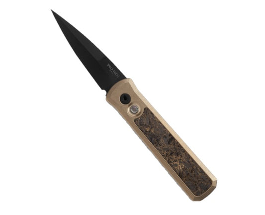 Protech Godson Custom Bronze w/ Fat Carbon Dark Matter Gold inlay Black Pearl Button Auto Folding Knife