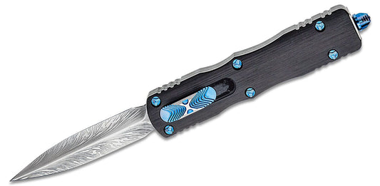 Microtech Dirac Marfione Custom Polished Vegas Feather Damascus Blue Ti Hardware Out the Front Knife