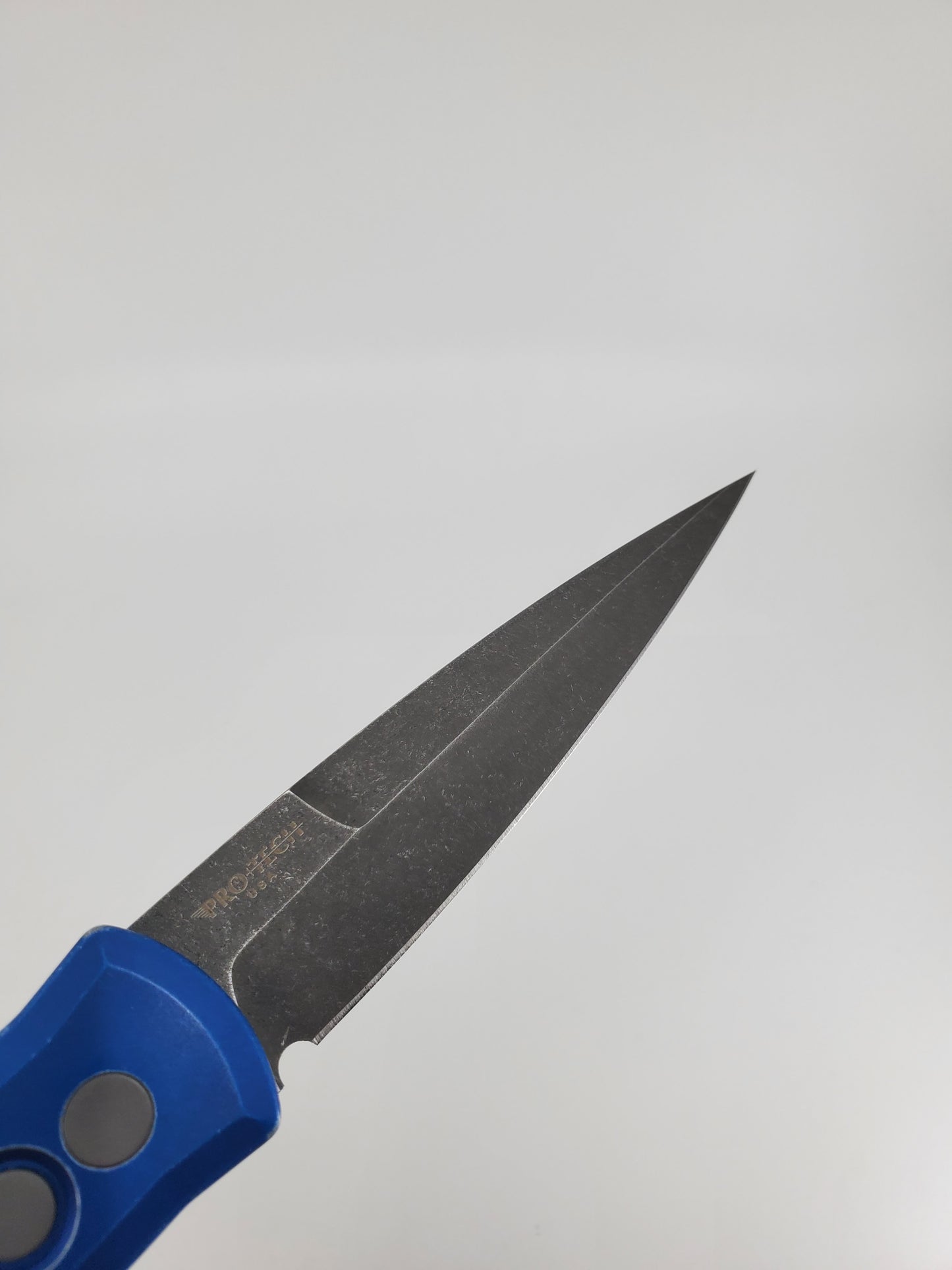 Protech Blade West 2024 Leftie Godfather Battleworn "Jigg" Blue Handle Auto Folding Knife