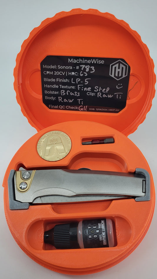 MachineWise Sonora Raw Ti Laser Patern #5 Blade (20CV | Brass Bolster) Buttonlock Folding Knife #783