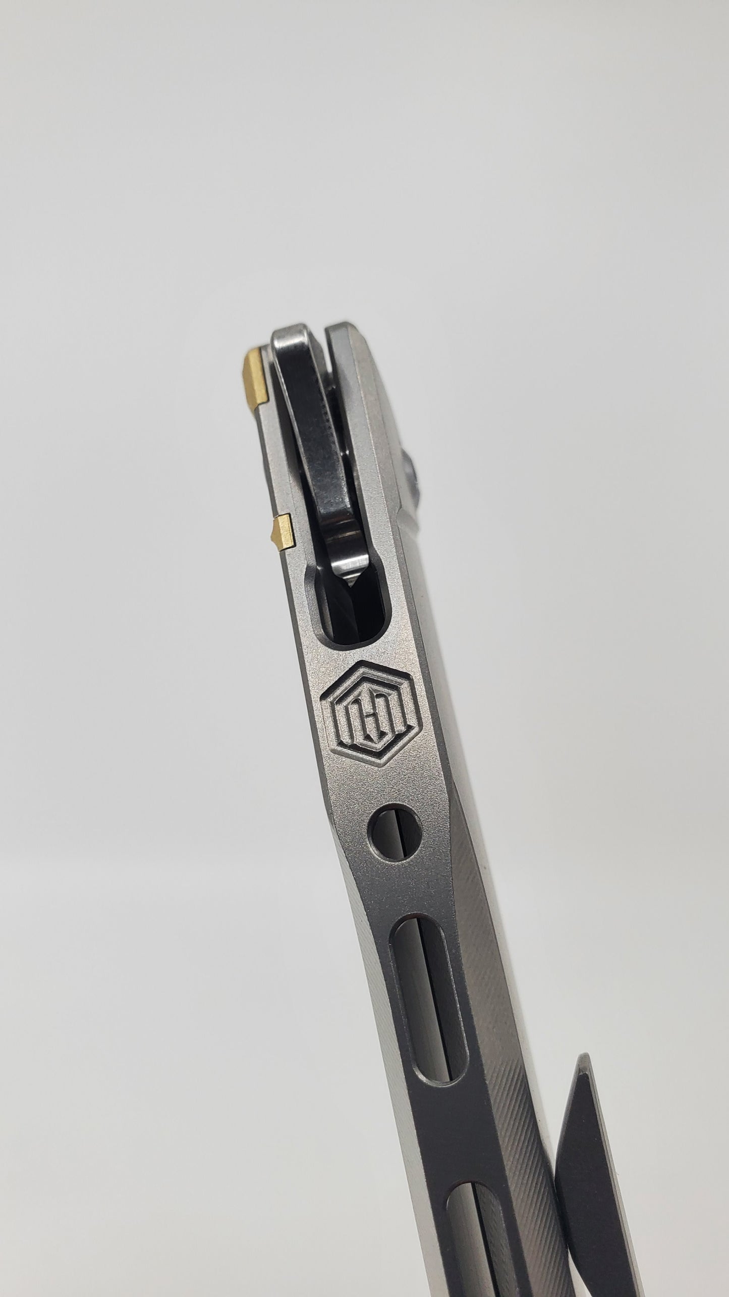 MachineWise Sonora Raw Ti Laser Patern #5 Blade (20CV | Brass Bolster) Buttonlock Folding Knife #783