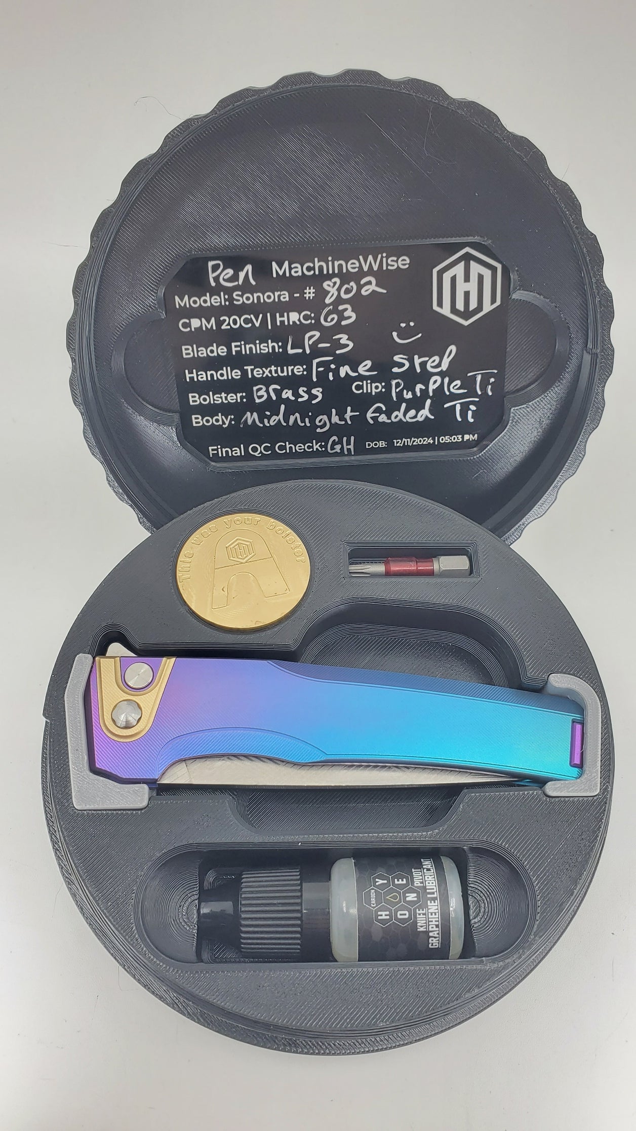 MachineWise Sonora #802 Midnight Faded Ti (20CV | Brass Bolster | LP-3) Buttonlock Folding Knife
