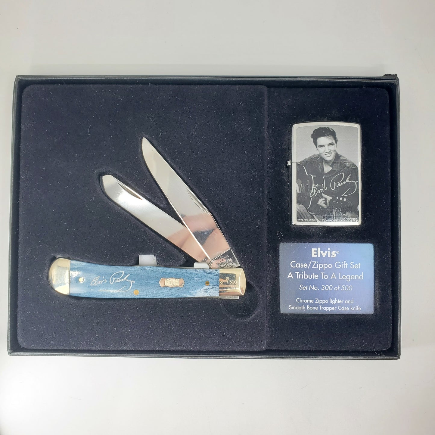 Case Knives Elvis Trapper/Zippo Lighter Embellished Smooth Mediterranean Blue Bone Gift Set