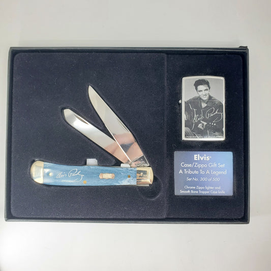 Case Knives Elvis Trapper/Zippo Lighter Embellished Smooth Mediterranean Blue Bone Gift Set