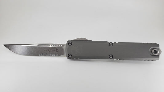 Microtech Ultratech ZBP S/E Natural Clear Apocalyptic Partial Serrated Out the Front Knife