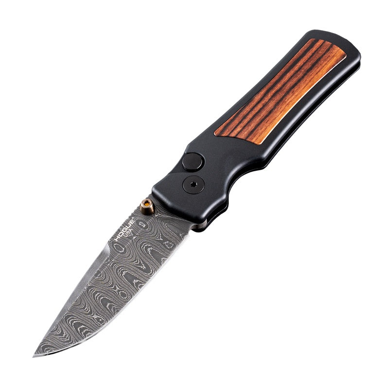 Hogue Saxum LIMTED EDITION Button Lock Knife | Damascus Blade w/ Aluminum Handle & Kingwood Inlays