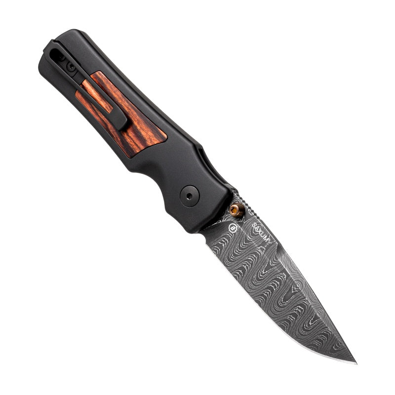 Hogue Saxum LIMTED EDITION Button Lock Knife | Damascus Blade w/ Aluminum Handle & Kingwood Inlays